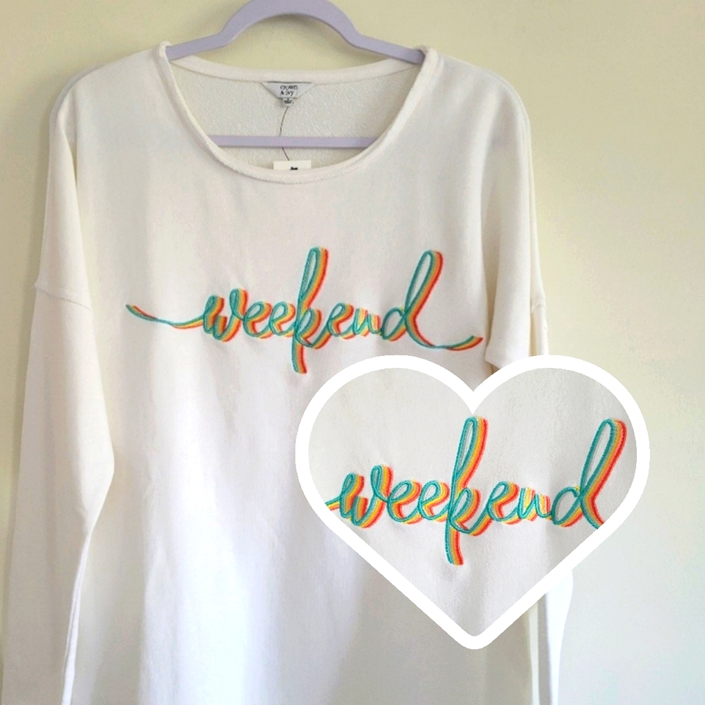 Crown & Ivy Boho Weekend Embroidered Cozy White Long-Sleeve Pull-on Top S‎